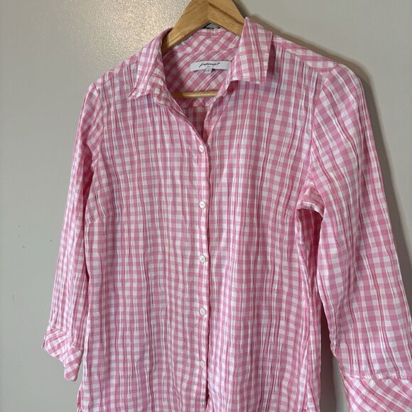 FoxCroft NYC Pink Plaid Button Up Top Pleated Textured Blouse Womens Sz 6 - Picture 2 of 8